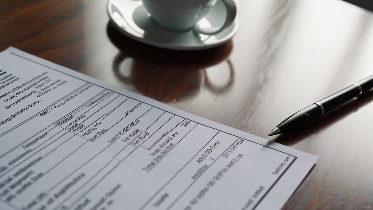 A close-up, angled shot of a document on a wooden desk with a pen and coffee cup