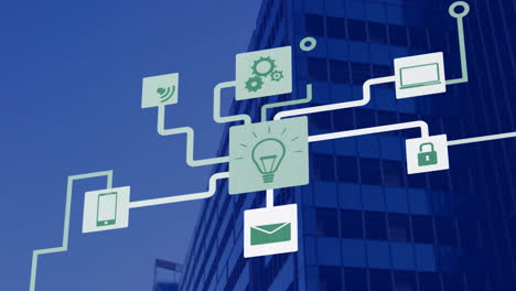 animating technology network over modern office building background
