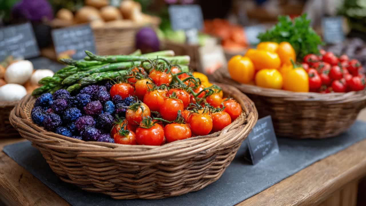 A Vibrant Display of Fresh Vegetables and Fruits in Baskets, Showcasing a Colorful Collection of Organic Produce at a Local Market