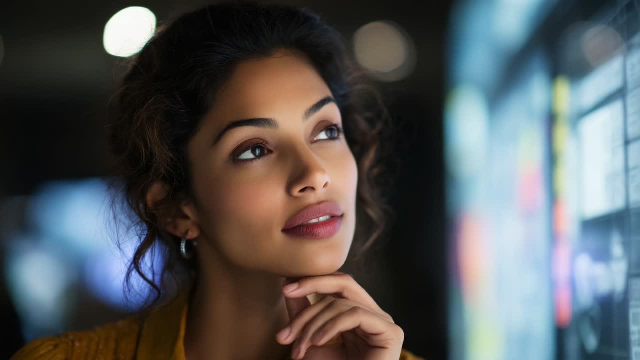 Thoughtful Woman Engaging with Digital Information Display, Contemplating Future Decisions, Exhibiting Curiosity and Imagination in a Modern, Technologically Driven Environment