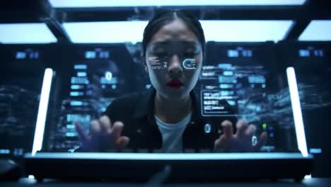 a focused digital expert engaged in high-tech analysis, surrounded by dynamic visual data interfaces, representing the future of technology and innovation in cybersecurity