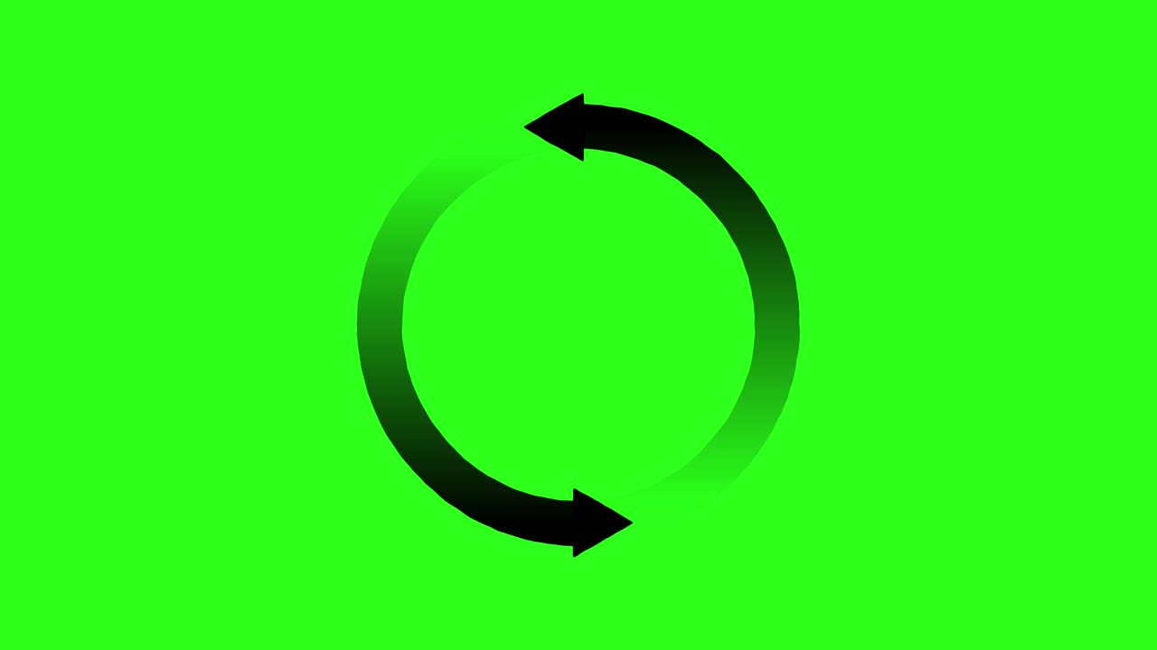 Black circular arrow smoothly rotates counterclockwise on vivid green background, seamless loop, flat style