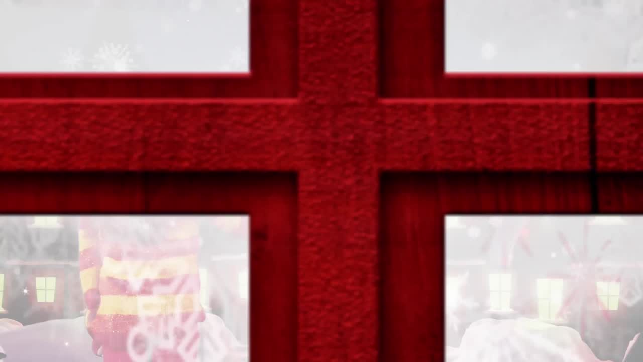 여자 손을 흔들고 산타클로스가 사 ⁇ 과 함께 겨울 풍경 위의 크리스마스 트리의 애니메이션