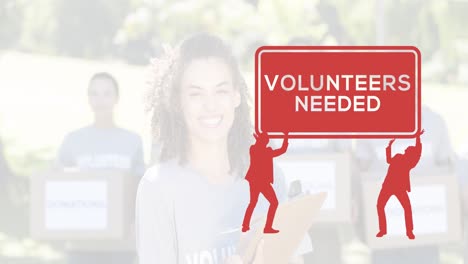 animation of diverse group of volunteers over volunteers needed text