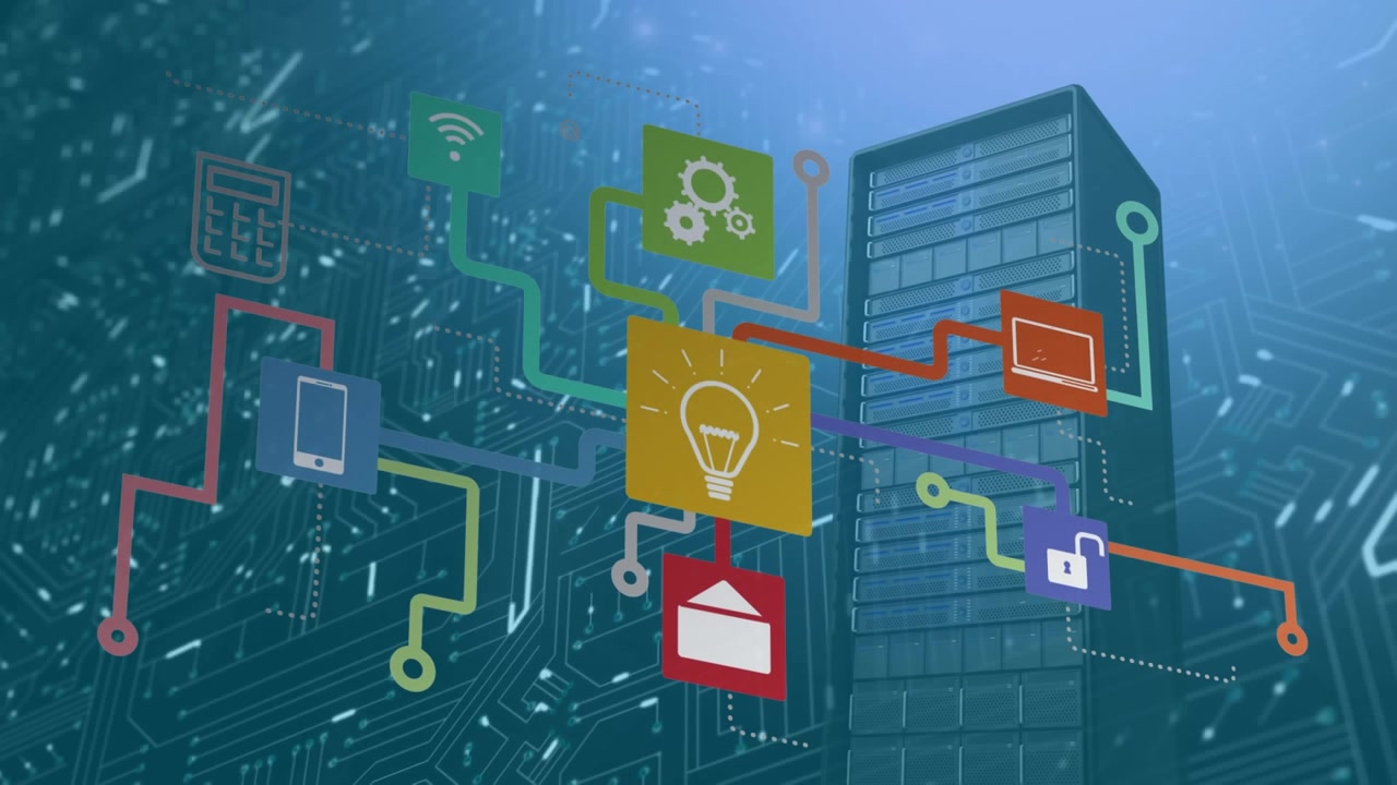 Animation of network of connections with icons, data processing over computer server