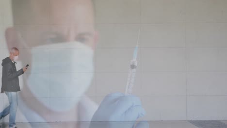 animación de un médico con la vacuna contra la covid-19 sobre un hombre mayor que usa una máscara facial