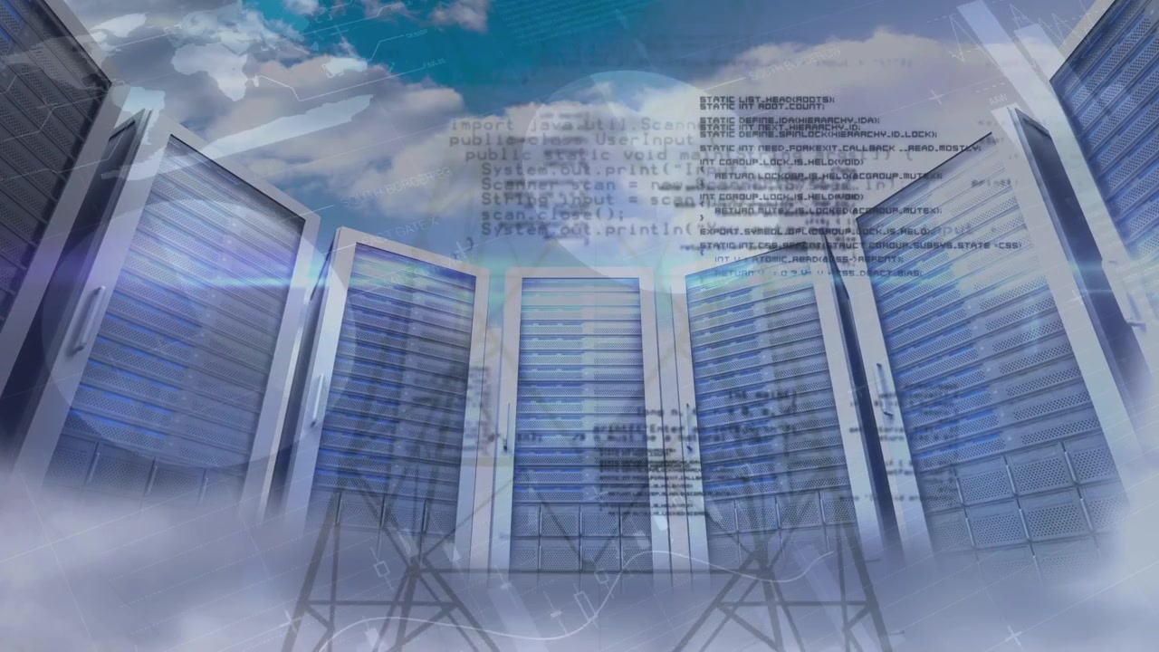 Animation of data processing and globe over server room