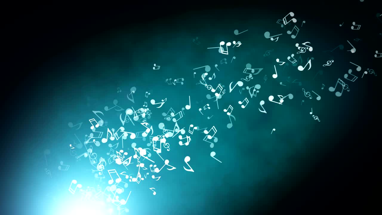 플레어와 함께 추상적인 파란색 배경에 떠다니는 음악 노트