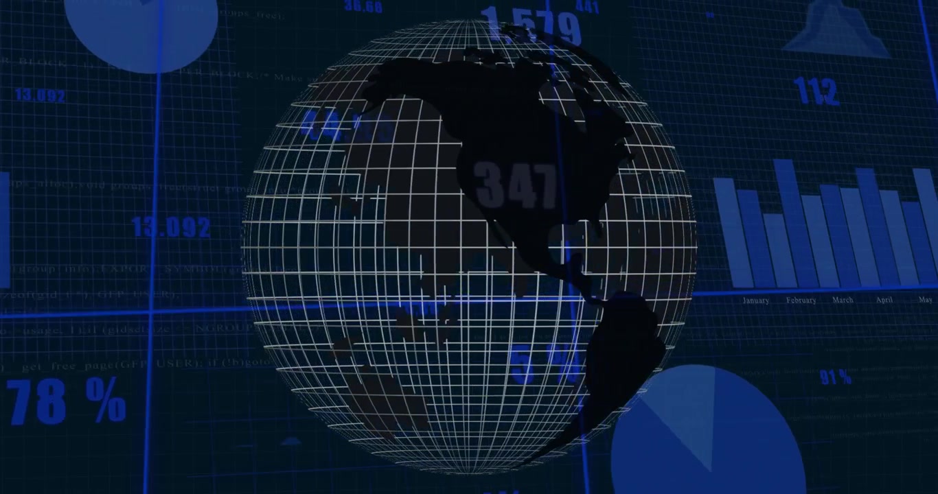 Globo che appare gradualmente e ruota a sinistra, mentre aggiorna grafici e sovrapposizioni di dati che mostrano dati globali