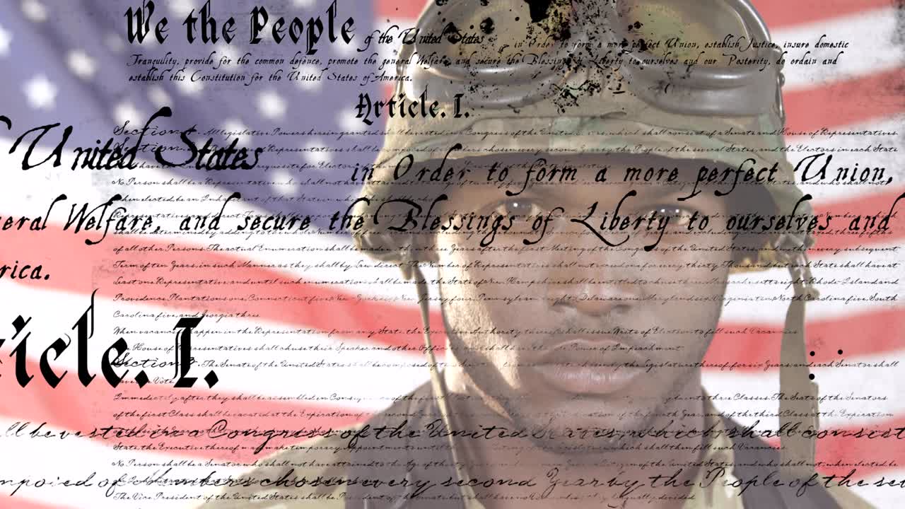 아프리카계 미국인 군인과 함께 발을 흔들고 헌법을 앞세우고 있습니다.