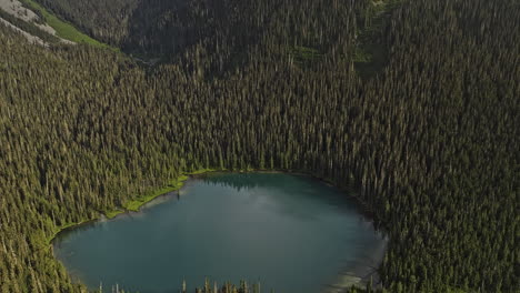 Lago-Inferior-Joffre-Bc-Canada-Vista-Aérea-V4-De-Pájaro-Drone-Que-Captura-La-Belleza-De-La-Naturaleza,-Lago-Azul-Turquesa-Rodeado-De-Densos-Bosques,-Montañas-Y-Glaciares---Filmado-Con-Mavic-3-Pro-Cine---Julio-De-2023