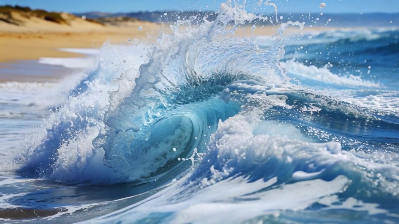 Brechende, zentrierte blaue Welle bildet Röhre an sandiger Küste, wirft Schaum und Gischt