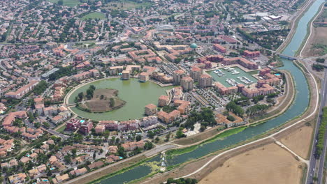 Lattes-Port-Ariane-neighbourhood-aerial-shot-marina-leisure-boats-and-buildings