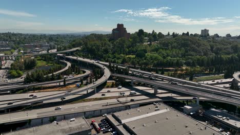 drone shot of cars commuting out of the seattle downtown area