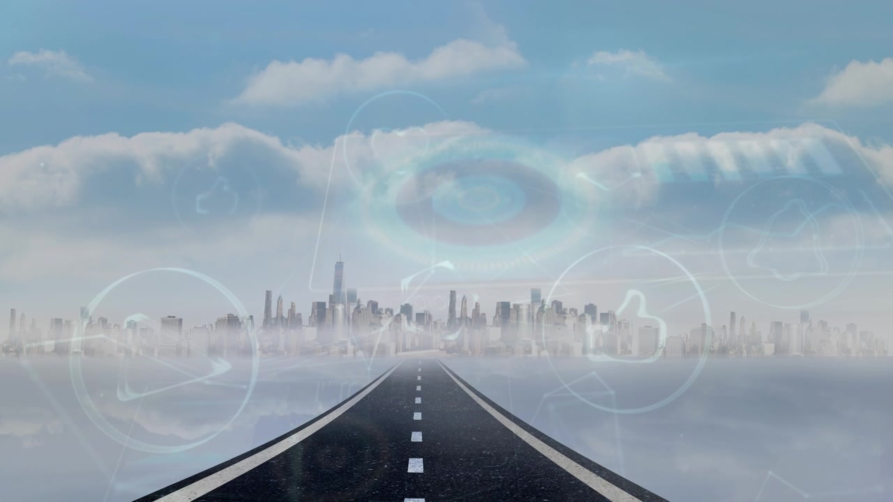 Digital Road Leading to Futuristic City Skyline with Social Media Icons