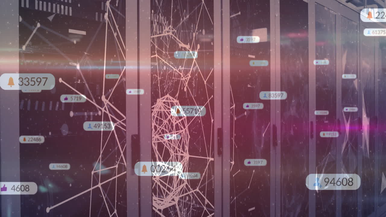 Digital network connections and data processing animation over server racks