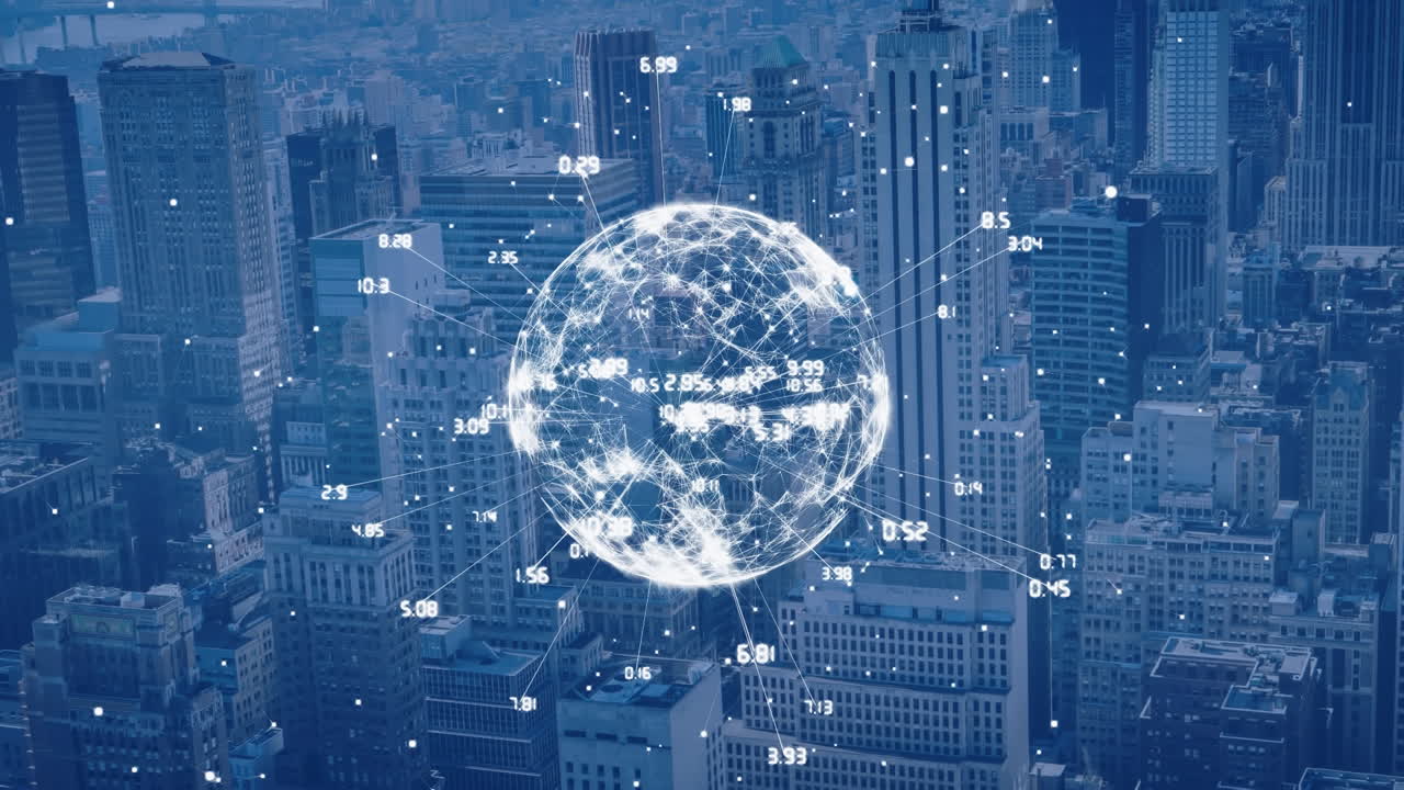 파란색 바탕에 도시 풍경에 대한 지구와 연결 네트워크의 애니메이션