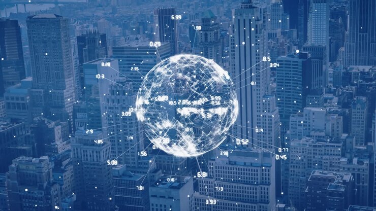 Animation of globe and network of connections over cityscape on blue background