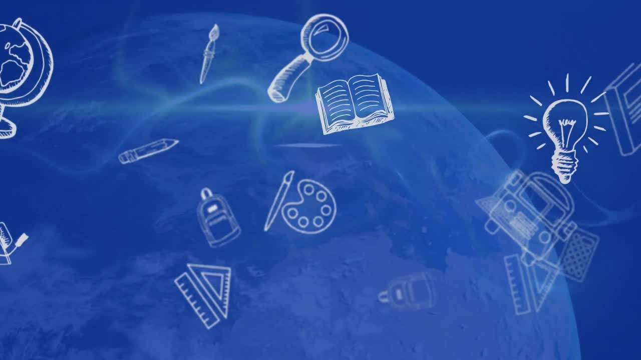 파란색 지구와 파란색 배경 위에 떠있는 학교 아이콘의 애니메이션