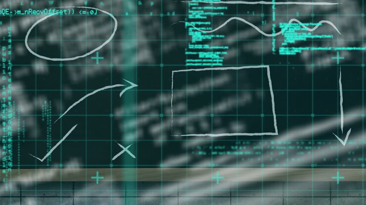 Digital animation of data processing over grid network against blue background