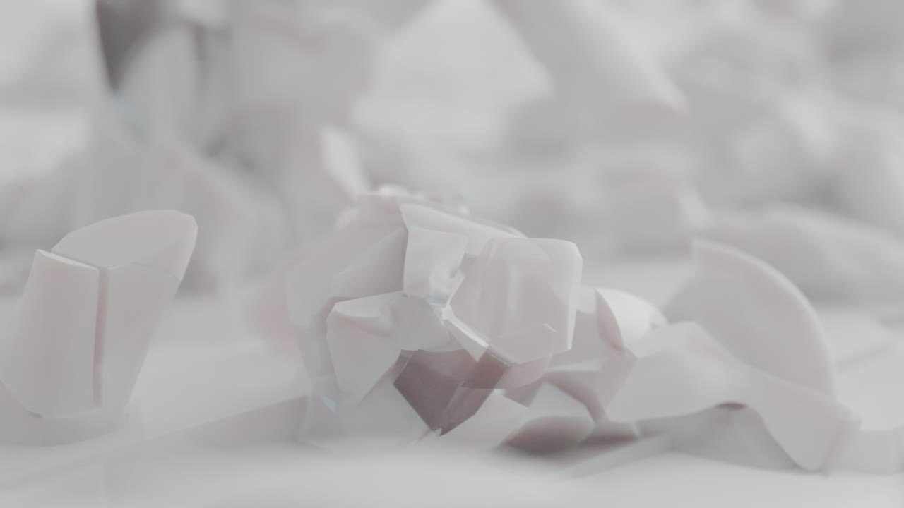 Crushed android shells on spikes on a foggy, white junkyard