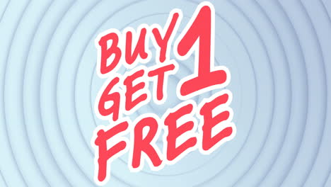 animation of buy 1 get 1 free text on white pulsating circles in background