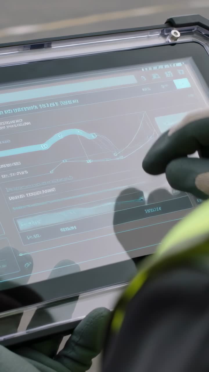 Vertical video: Tapping hi-vis gloved hands using tablet at port, updating graphs, monitoring cargo