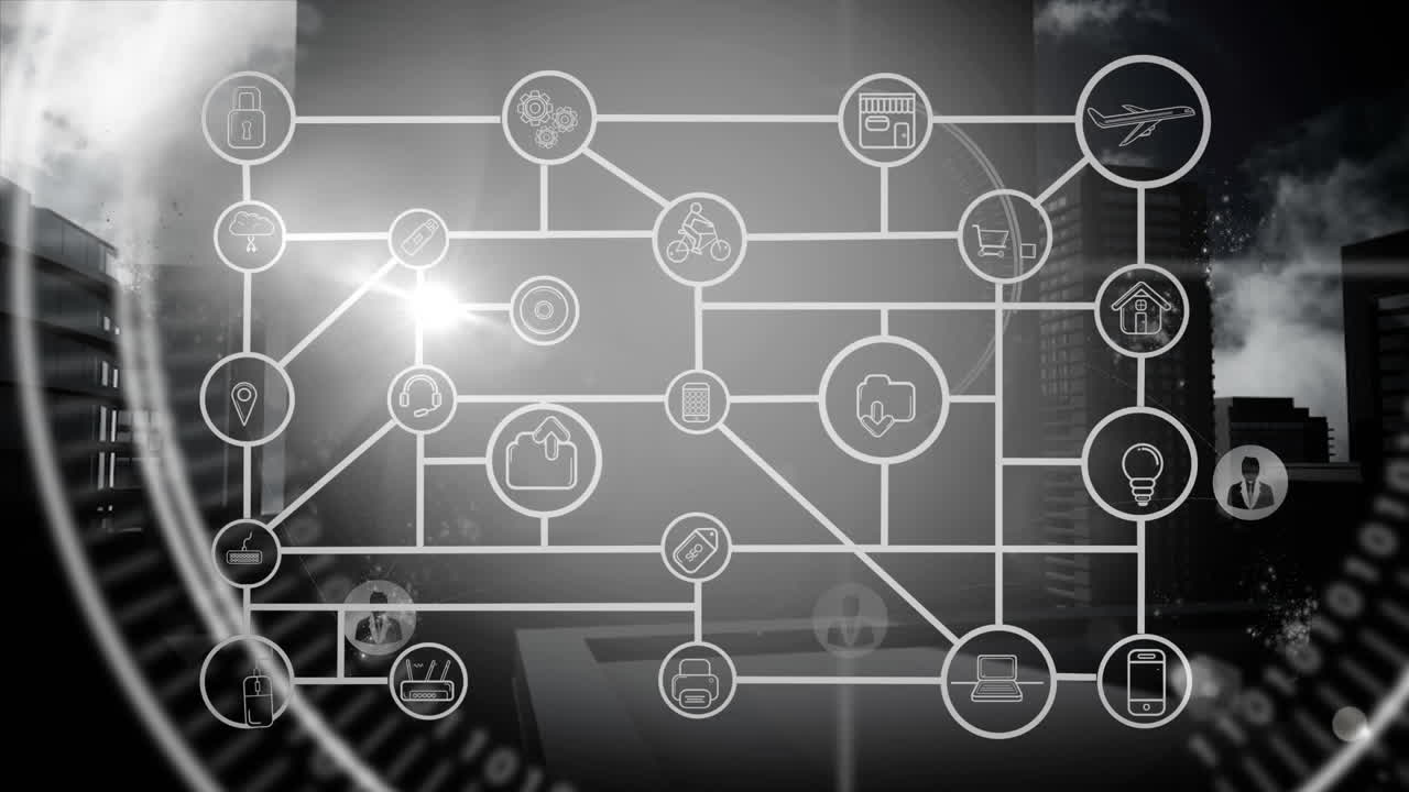 디지털 아이콘은 현대적인 오피스 빌딩에 대한 네트워크를 형성합니다.