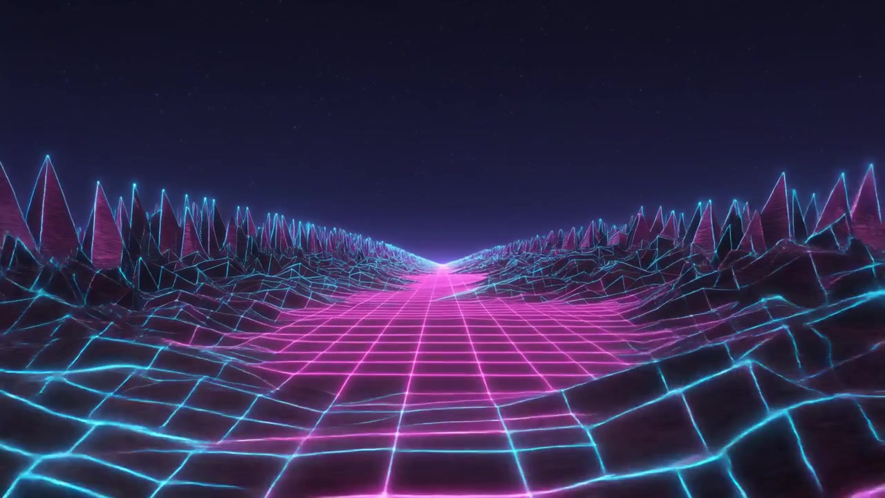 Paesaggio Digitale in Stile Retro Synthwave con Griglia al Neon Luminosa