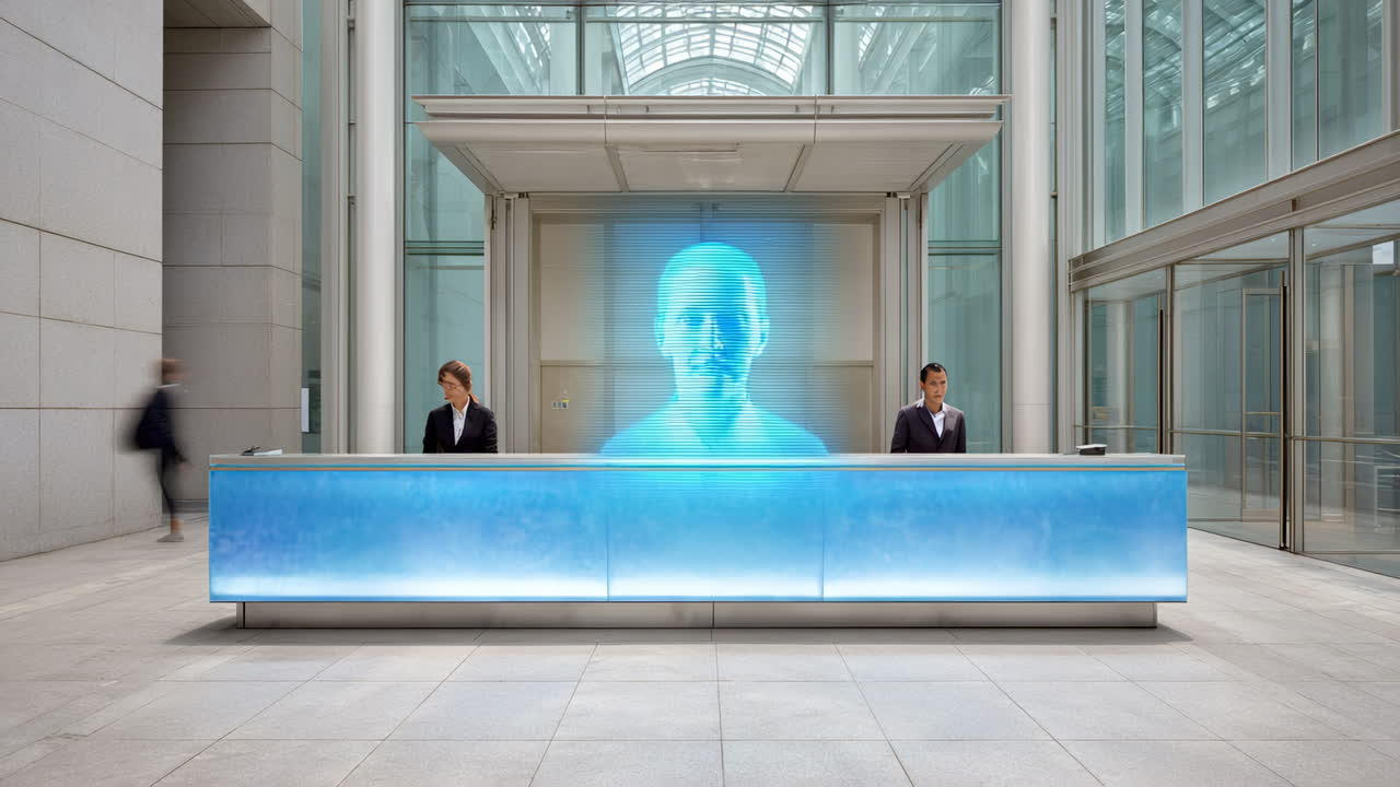 Tech in modern reception. A futuristic reception area features a holographic display of a person, while staff assist guests in a bright space