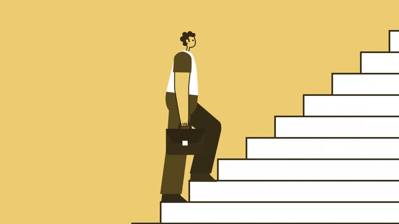 브리프케이스를 들고 있는 노란색 스타일의 남자, 평평한 캐릭터, 계단을 올라, 는 자전거, 알파 채널을 가진 고립된 루프 애니메이션