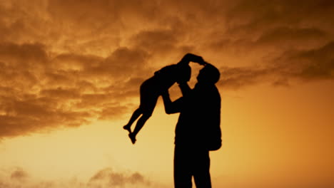 father, playing and kid with sunset