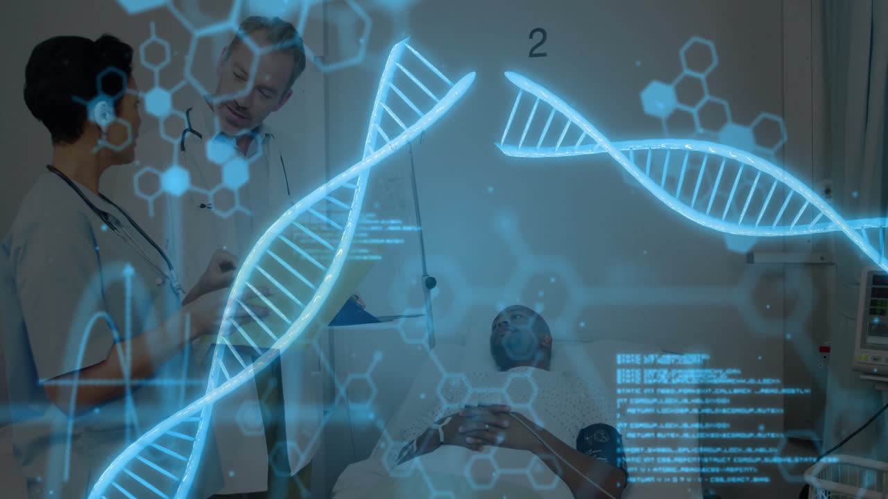 Doctor and nurse consulting patient in exam room, showing holographic DNA double helix genetic data