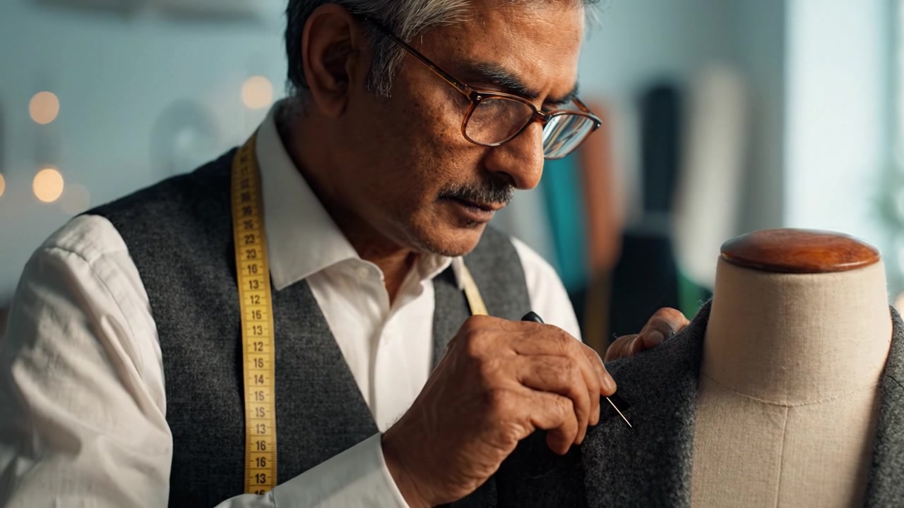 Tailleur expert ajustant avec soin une élégante veste de costume avec précision à l'aide d'une aiguille et de fil, démontrant un savoir-faire artisanal dans un environnement d'atelier de couture