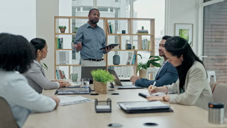 Black-man,-tablet-and-coach-in-meeting