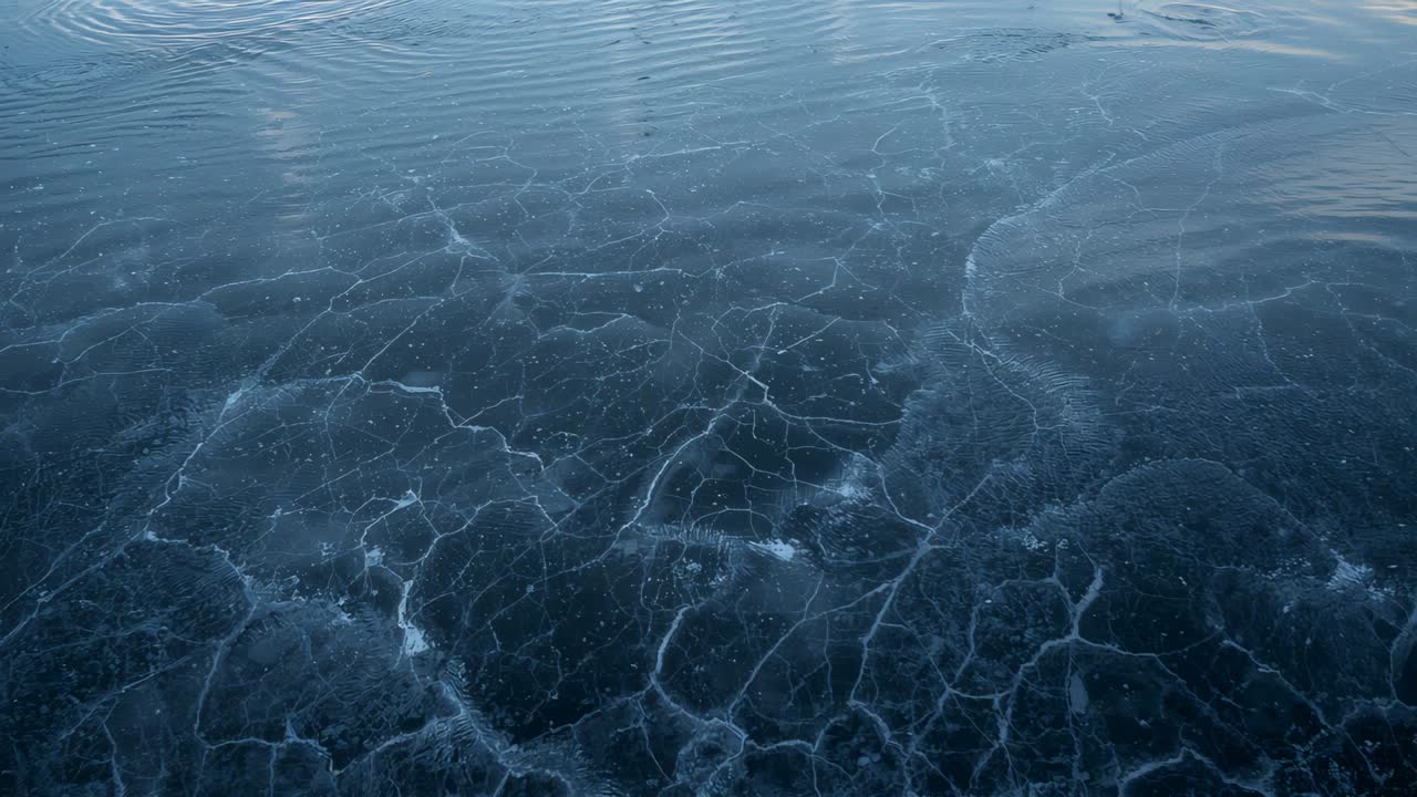 Sunlight shifting frozen surface at lake, revealing ripples moving across with cracks and bubbles