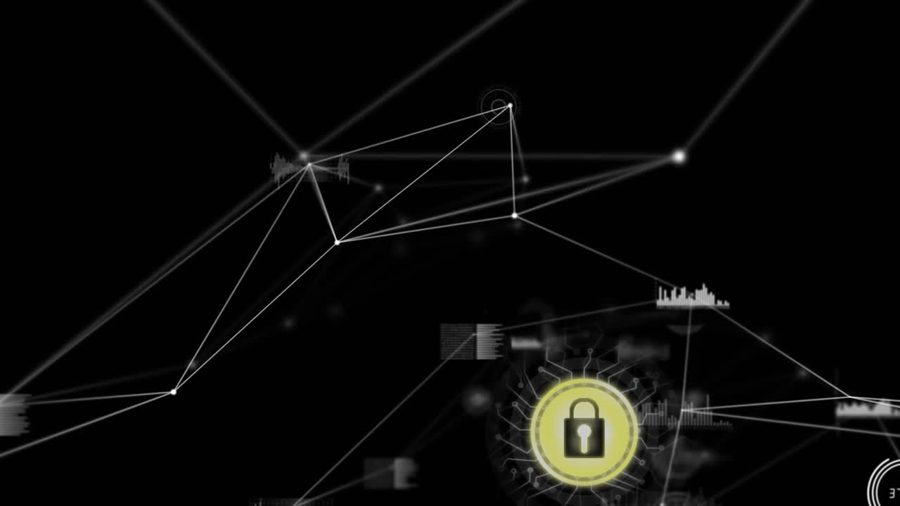 Animation of network of connections with online security padlock on black background