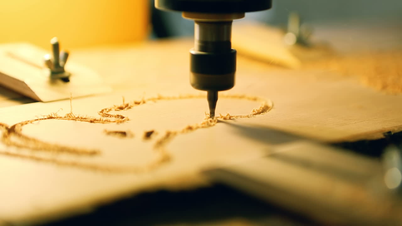 Wood Cut Machine Moves Above Working Table. Industrial wood cut machine moves above working table and drills