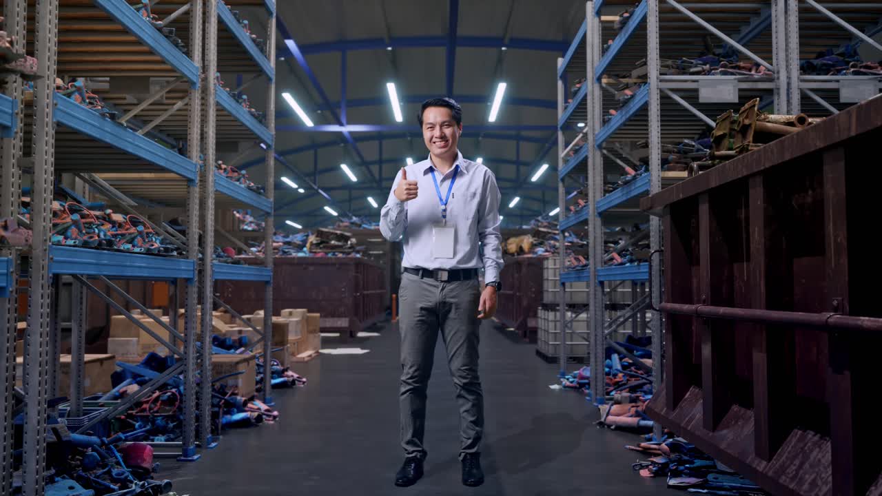Scatto a figura intera di un lavoratore professionista maschio asiatico in piedi in un magazzino industriale di rottami metallici e riciclaggio, con un ampio sorriso verso la telecamera e che fa il pollice in su.