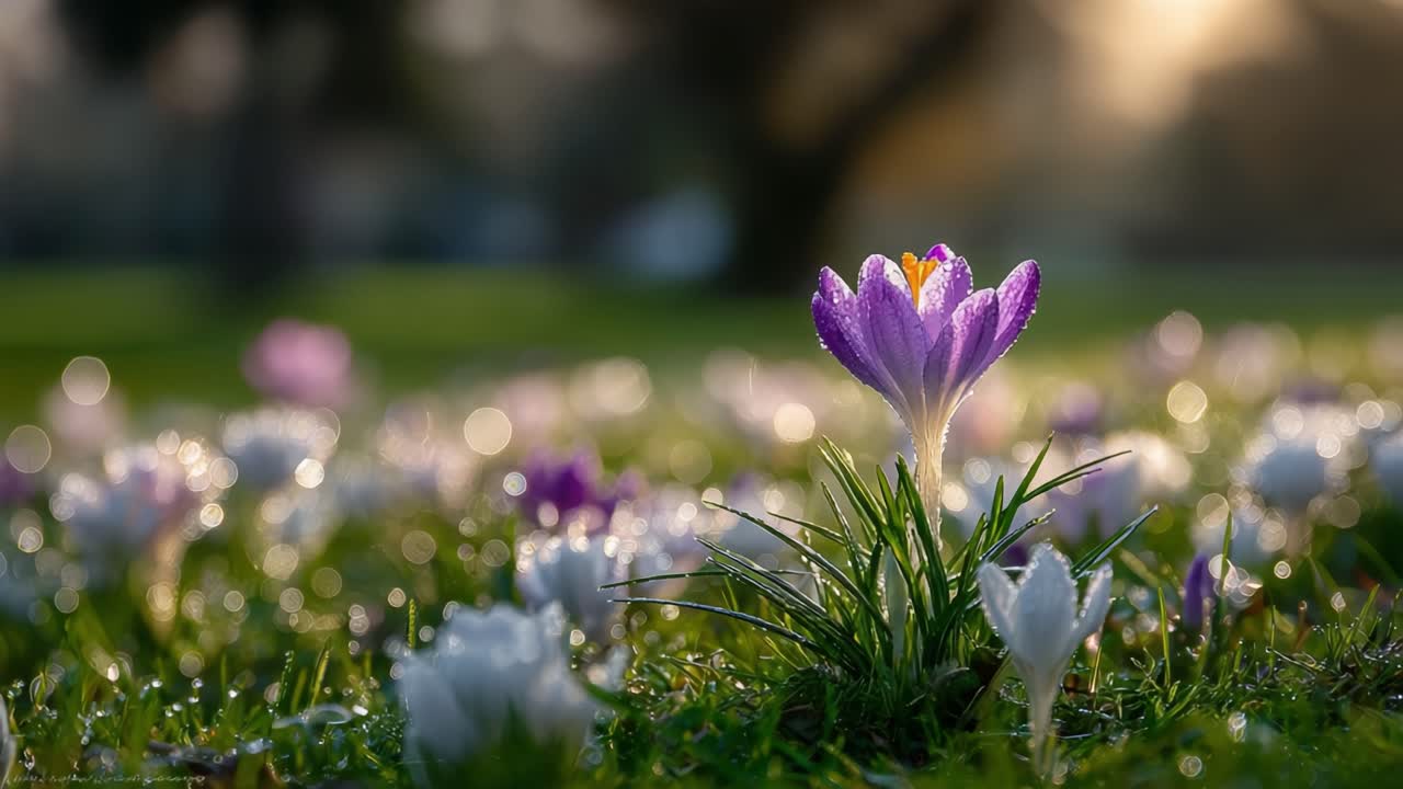 A Captivating Scene of Blooming Crocus Flowers in a Dew-kissed Meadow, Bathed in Warm Sunset Light, Highlighting Nature's Splendor and Vibrant Colors