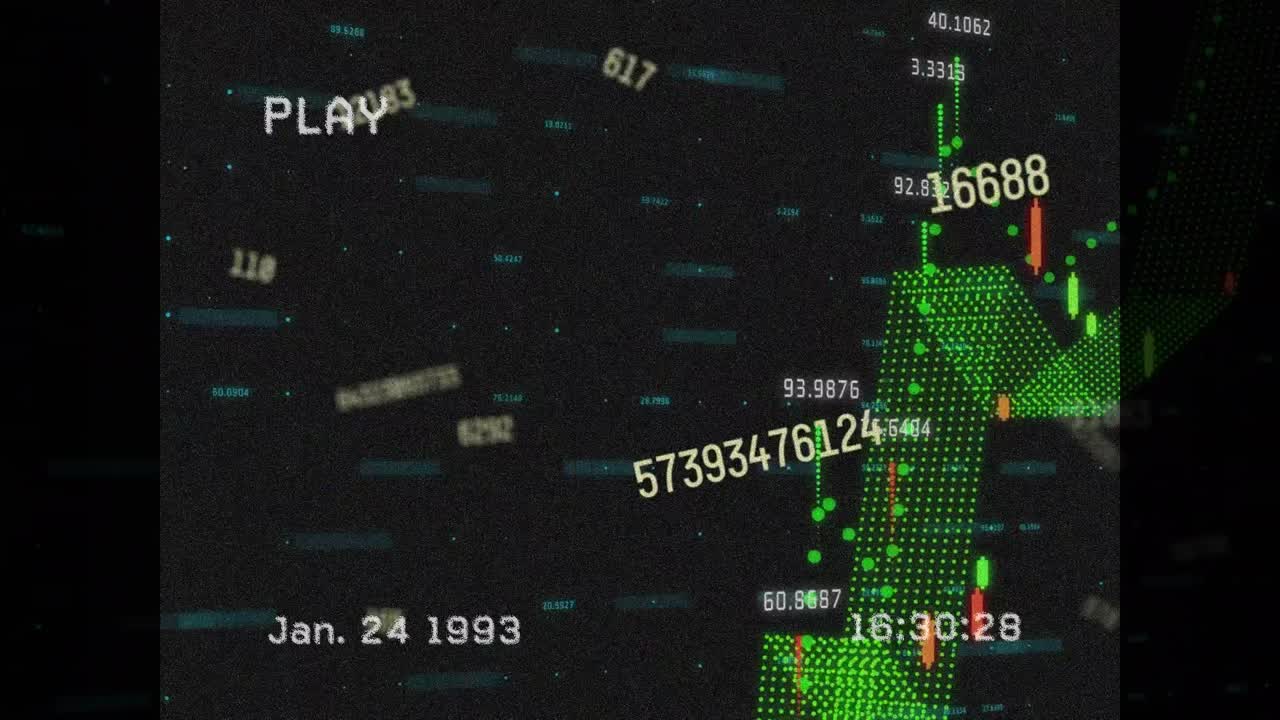 플레이 디지털 인터페이스와 검은색 배경에 금융 데이터 처리가 있는 화면의 애니메이션