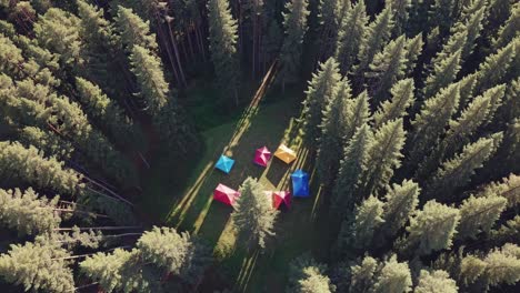 colorful tents in a forest clearing