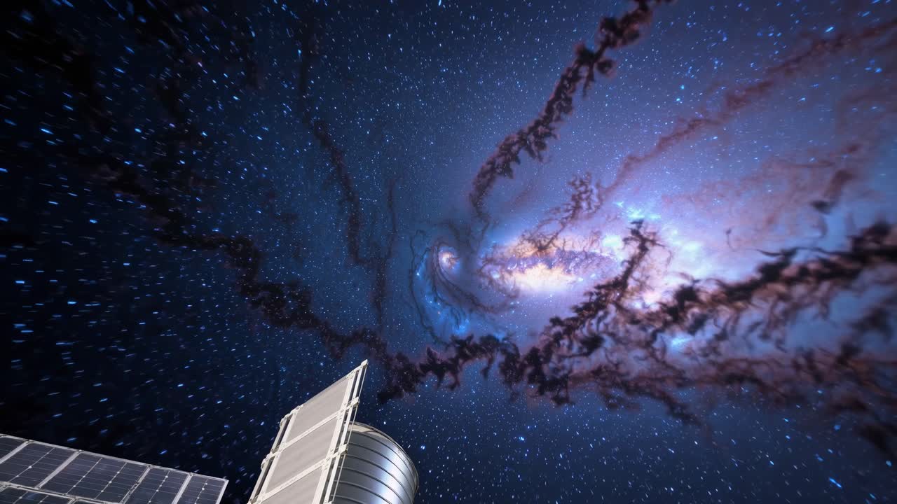 A mesmerizing wide-angle shot of a starry night sky with a cosmic nebula, captured from a low angle