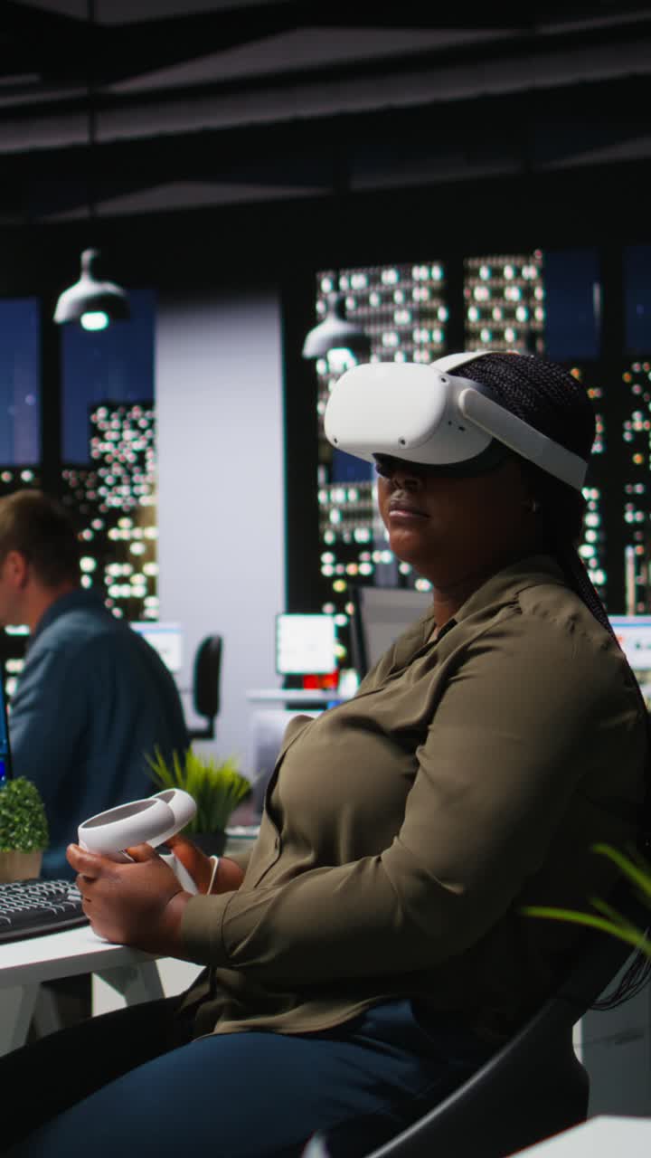 Vertical Video Black female graphic designer uses VR glasses and AI to edit photos
