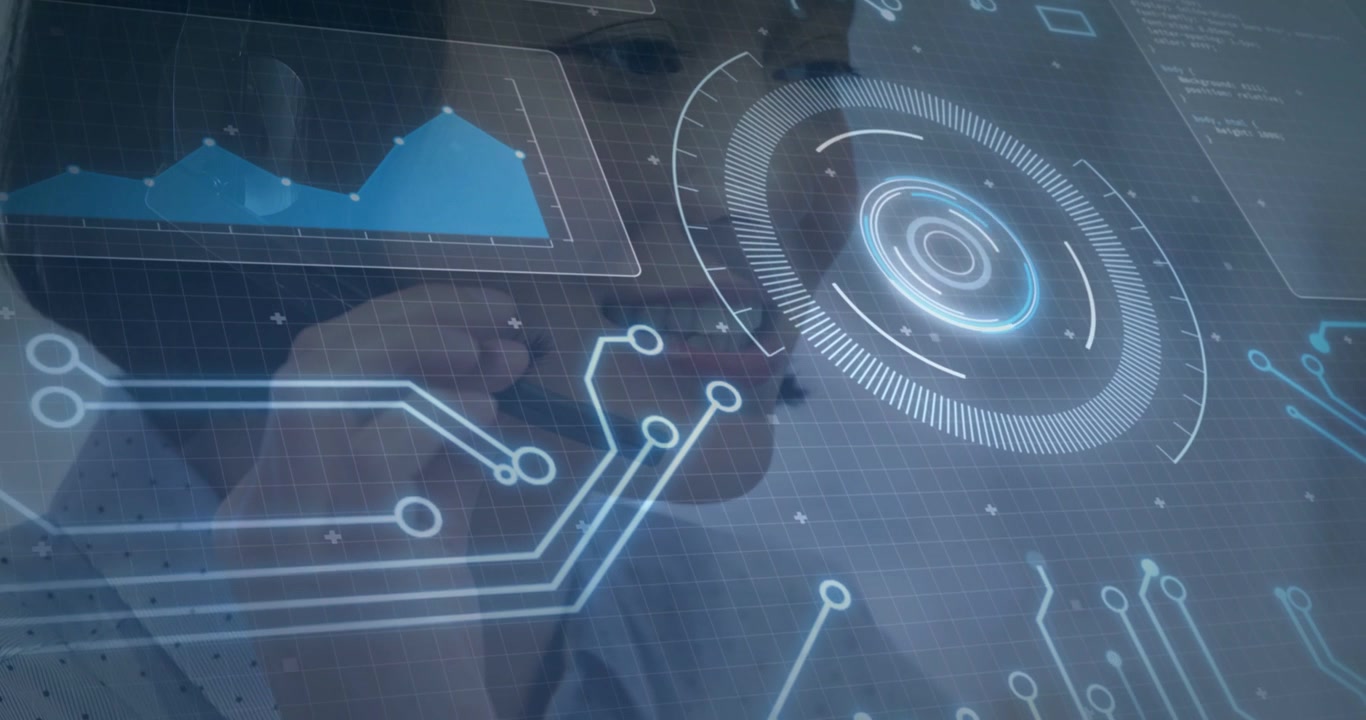 Woman holding phone to ear, adjusting phone, causing HUD chart rotating gauge pulsing in tech