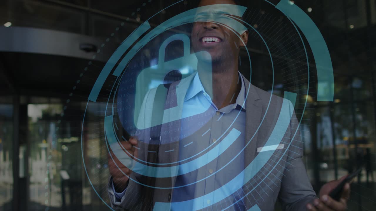 Businessman stepping through door on smartphone call and pulsing padlock rings securing connection