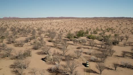 safari truck drives on dirt track through drought resistant trees, namibia