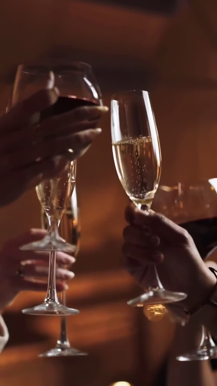 Nærbillede videooptagelse af hænder, der skåler med vin- og champagneglas i varm belysning.