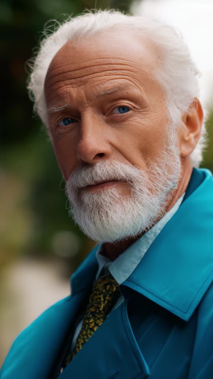 Un distinguido anciano con una barba blanca llamativa y un vibrante abrigo color verde azulado mira pensativo mientras muestra una elegancia atemporal y un estilo clásico