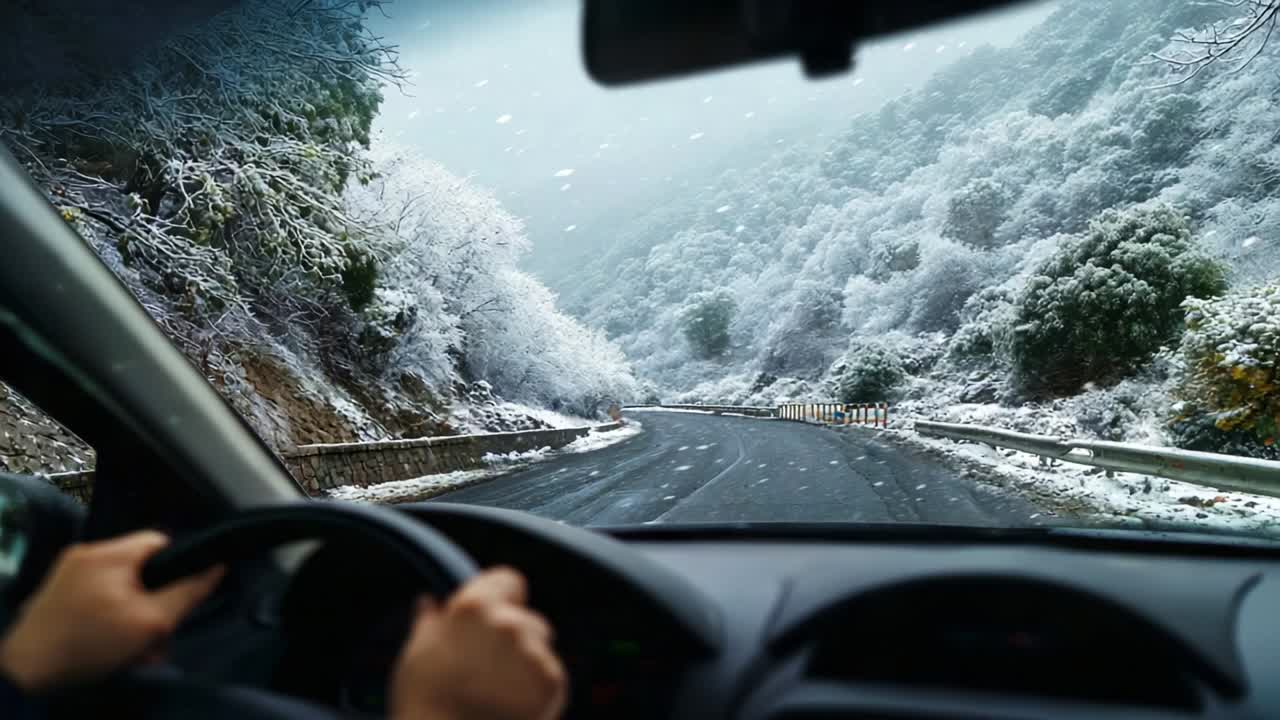 A Scenic Drive Through a Snow-Covered Winter Landscape: Experience the Beauty and Tranquility of Nature While Navigating Twisting Roads Surrounded by Frosty Trees and Snow-Capped Mountains